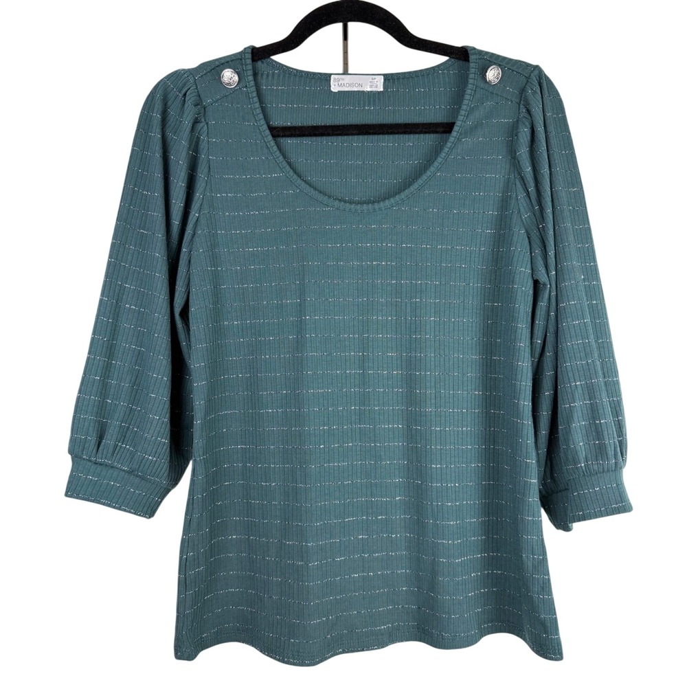 89th + Madison Teal Ribbed Shimmer Top‎ Puff Sleeve Whimsigoth Cottagecore S